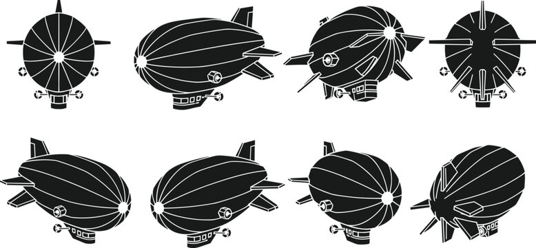 Steampunk airship silhouettes set, vintage dirigible zeppelin collection, retro flying machines, fantasy aircraft icons, black illustration isolated design