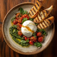 Burrata cheese with roasted tomatoes, pesto, and grilled bread