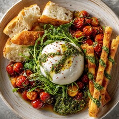Burrata cheese appetizer with pesto, roasted tomatoes, arugula, and breadsticks