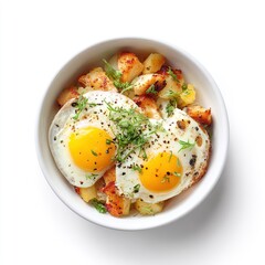 Sunny side up eggs with roasted potatoes and fresh herbs