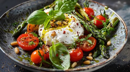 Burrata salad featuring grilled asparagus and cherry tomatoes