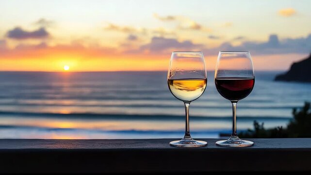 wine glasses on the background of the ocean. Selective focus