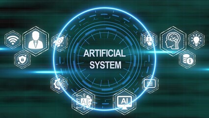 Obraz premium Futuristic Artificial System Concept with Technology Icons and Glowing Circle innovation artificial intelligence