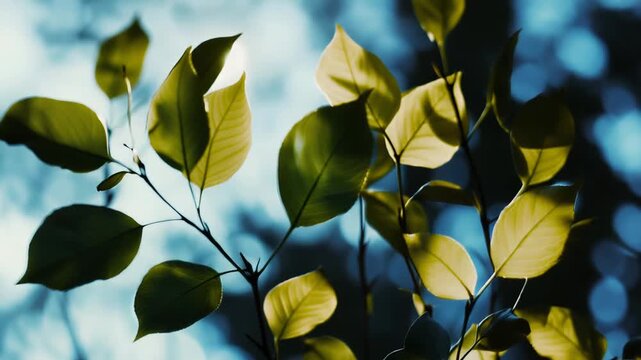 Young green leaves on delicate branches are illuminated by soft sunlight, creating a serene and ethereal atmosphere with a blue bokeh background, evoking themes of new beginnings