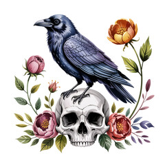 Fototapeta premium A raven perches on a human skull surrounded by colorful flowers