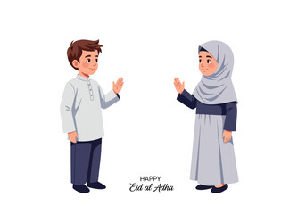 Obraz premium Happy Eid al Adha illustration of a Muslim boy and girl celebrating together.