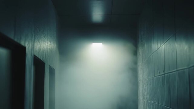 Dark, narrow tiled hallway in an abandoned building, closed doors and thick smoke lit by a single overhead light, eerie atmosphere of suspense, neglect, and isolation