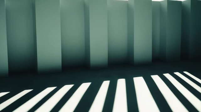 Light stripes cast across a minimal indoor floor, forming strong parallel shadows creating an abstract aesthetic with a striking contrast and clean lines