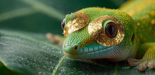 Fototapeta premium Green gecko with gold under-eye patches on green leaves background. Spa, beauty routine and cosmetics concept. Funny animal for poster, commercial, advertising 