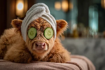 Canvas schilderij Schotse hooglander Cute highland cow with terry towel on its head and cucumber slices on its eyes. Spa, wellness and beauty routine concept. Funny animal for poster, commercial, advertising   © Q-Zack