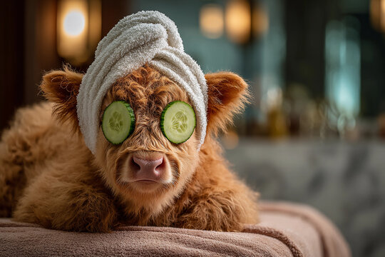 Cute highland cow with terry towel on its head and cucumber slices on its eyes. Spa, wellness and beauty routine concept. Funny animal for poster, commercial, advertising 