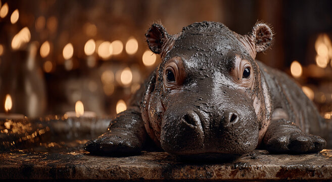A hippopotamus covered in therapeutic mud against a candlelit spa backdrop. Spa, wellness and mudbath concept. Funny animal for poster, commercial, advertising 