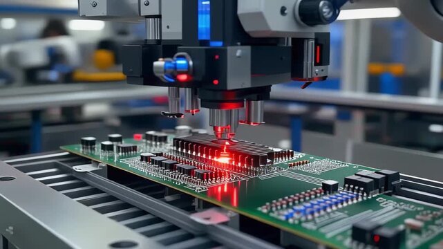 Automated pick-and-place robot soldering components onto a green printed circuit board with bright red inspection lights