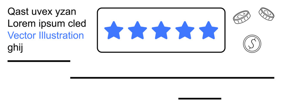 Customer satisfaction, quality assurance, ratings, feedback, e-commerce, evaluation. Five blue stars with coins and placeholder text. Customer satisfaction and quality assurance concept