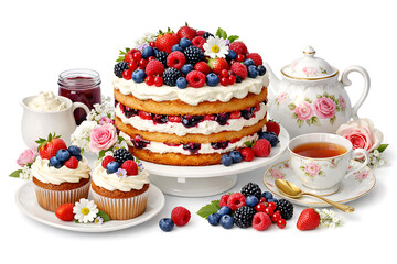 Berry layered sponge cake with cupcakes and afternoon tea set on white background 
