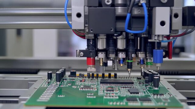 Smt pick-and-place machine placing components on a green printed circuit board in a production line