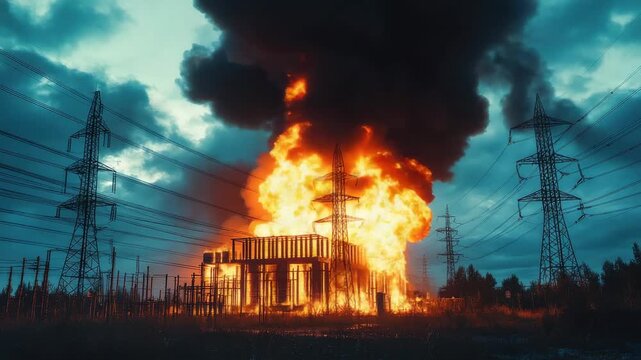 Power station fire in industrial area during evening, flames rise high into the sky and smoke fills the air