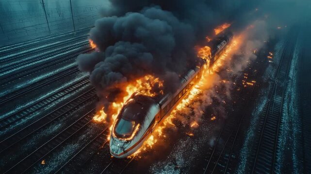 Train on fire during the night in the railway yard with smoke and flames visible from a distance