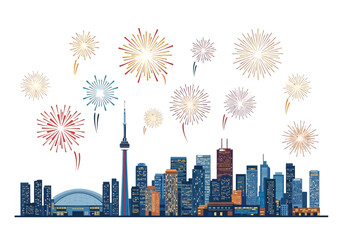 Vibrant Cityscape with Fireworks Display Over Downtown Skyline. © Gerry