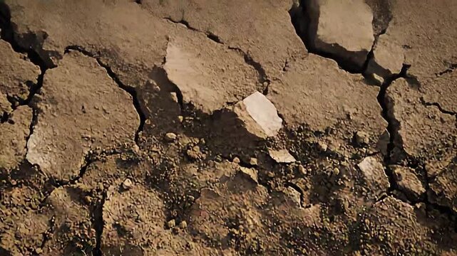 Dry cracked earth with deep fissures and rough texture, illustrating drought, water scarcity and desertification as visible effects of climate change on arid land