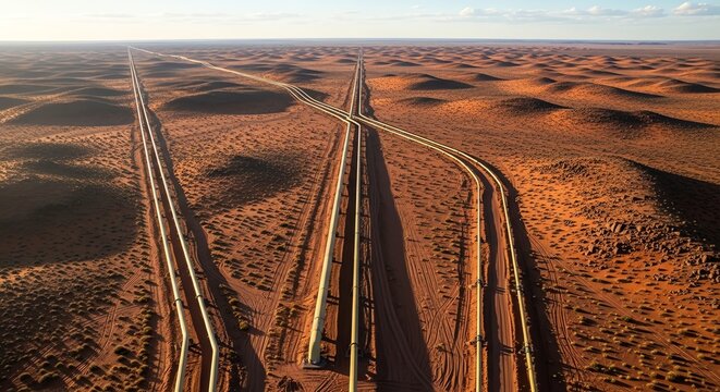 Aerial view of long pipelines stretching across a vast desert landscape under a clear sky.