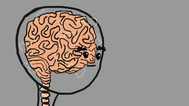 A character with a transparent head is intensely thinking about something, his brain working. The activity of his brain is shown as flashes of lightning.