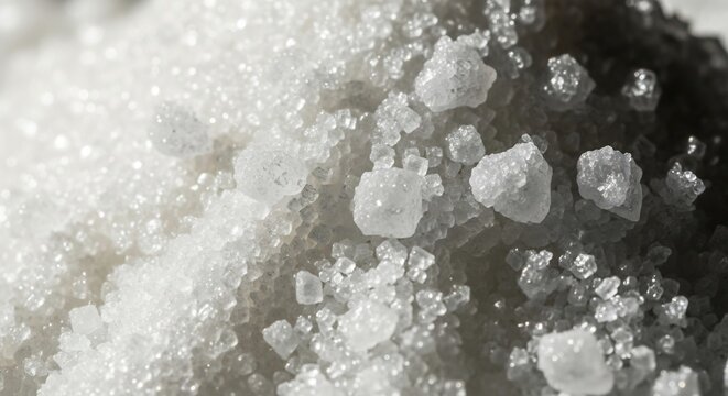 Closeup Macro View of Crystalline Sugar Granules and Impurities.