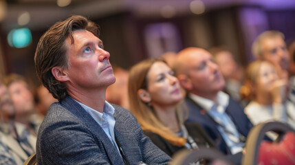 Obraz premium A man and woman are sitting in a room with other people. The man is looking at something, while the woman is looking at the man. Scene is one of curiosity and interest