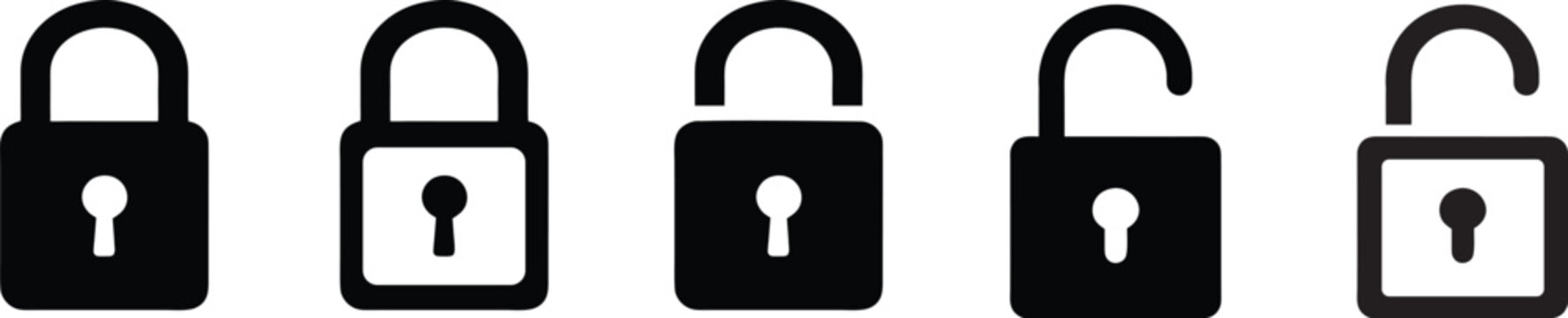 Set of security lock icons,  Locked and unlocked lock icon, open and closed padlock icon