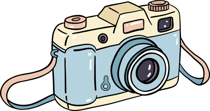 Cute retro blue camera sticker for travel photography hand drawn illustration