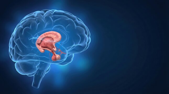Detailed 3D rendering of a human brain showing highlighted internal structures on a dark blue background, representing neurological science.