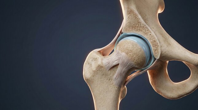 Detailed anatomical illustration of a healthy human hip joint with femur, acetabulum, cartilage, and ligaments.