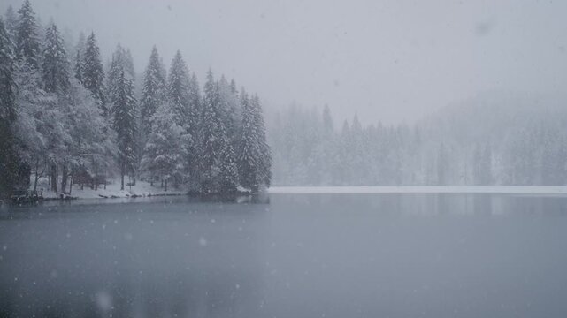 The Fusine Lakes during a heavy snowfall. The magic of Friuli.