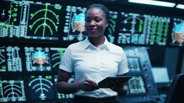 Professional Black female air traffic controller using a tablet in a high-tech airport tower with flight data screens, representing aviation safety, teamwork, and modern air navigation operations in.