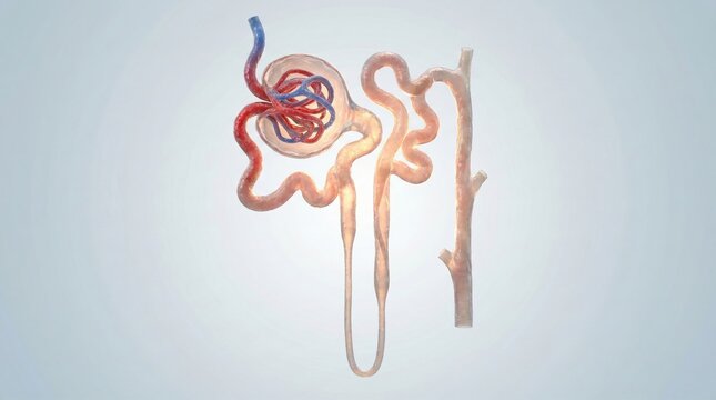 Detailed anatomical diagram of a human nephron showing its components and associated blood vessels for kidney function.