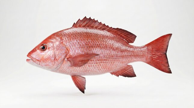 A vibrant red snapper fish, a popular marine species, swimming against a clean white background, showcasing its distinct scales and fins.