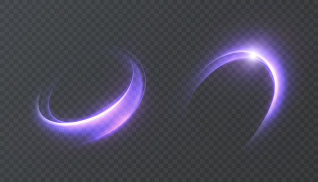 Purple neon light swoosh set with curved comet trails and soft glow, isolated on transparent background. Dynamic arc streaks for VFX overlays and motion graphics.