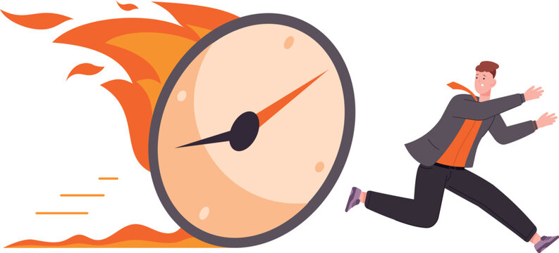 Deadline rush concept. Running man from clock in fire