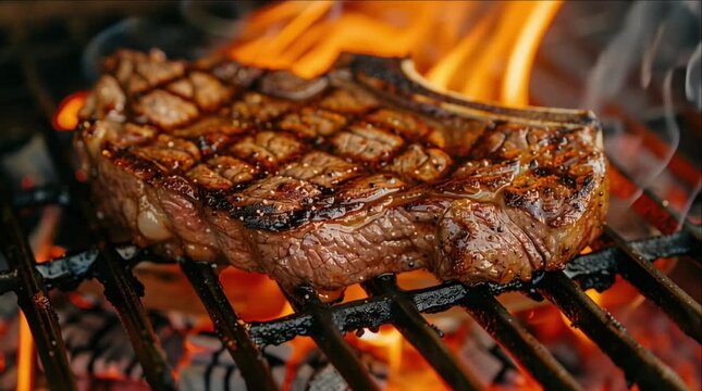 grilled bbq steak meat on grill with fire and flames