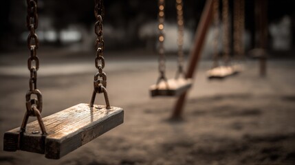 A close-up shot of a swing set with a shallow depth of field, evoking a sense of nostalgia. The swings hang still, suggesting a moment of peace and reflection. 