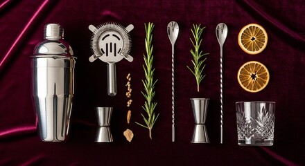 Cocktail Making Tools and Ingredients Arranged Artfully.