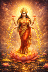 An ethereal depiction of the goddess Lakshmi, radiating golden light, stands gracefully atop a lotus flower. She holds lotus flowers and symbolizes wealth, fortune, and prosperity