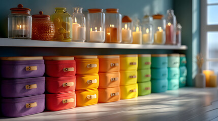 Fototapeta premium Vibrant storage boxes in a spectrum of colors are neatly arranged on shelves beside translucent jars filled with candles. bathed in warm sunlight, the scene evokes a sense of order and coziness in hom