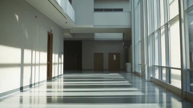 Bright sun creating strong striped patterns of light and shadow on the reflective floor of an empty, clean, and modern institutional hallway, conveying concepts of progression and anticipation