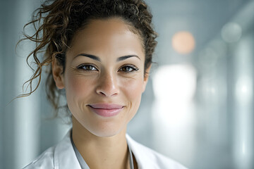 Obraz premium Mixed - race female doctor with curly hair and freckles, warm confident smile, white coat and grey scrubs, close - up in hospital corridor bokeh