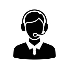 Customer service representative icon with headset and microphone, black silhouette
