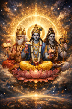A spiritual representation of the three divine figures seated on a lotus, radiating a celestial aura. The scene is filled with intricate details and spiritual symbolism