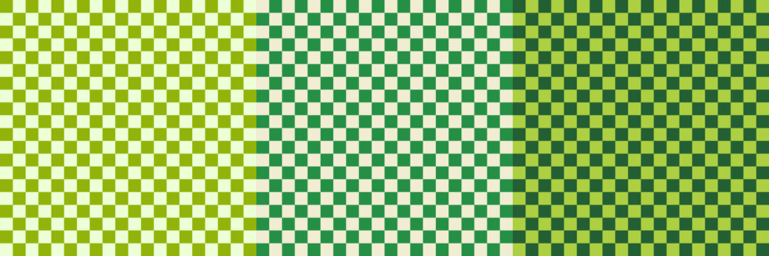 Green White Checkerboard Seamless Pattern Set. Geometry Green White Checker Background Kit. Monochrome Grid Vector Bg Print Bundle. Retro Grid Seamless Pattern for Trendy Design, Textile, Packaging.