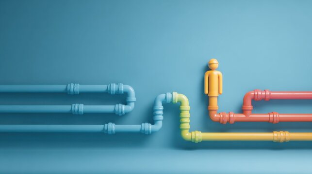 Concept of connection and plumbing in abstract illustration, featuring a figure connected to multiple pipes