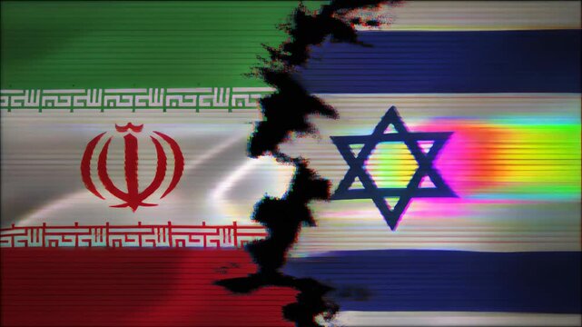 Iran and Israel National Flags Waving with Digital Glitch Effect and Jagged Rift